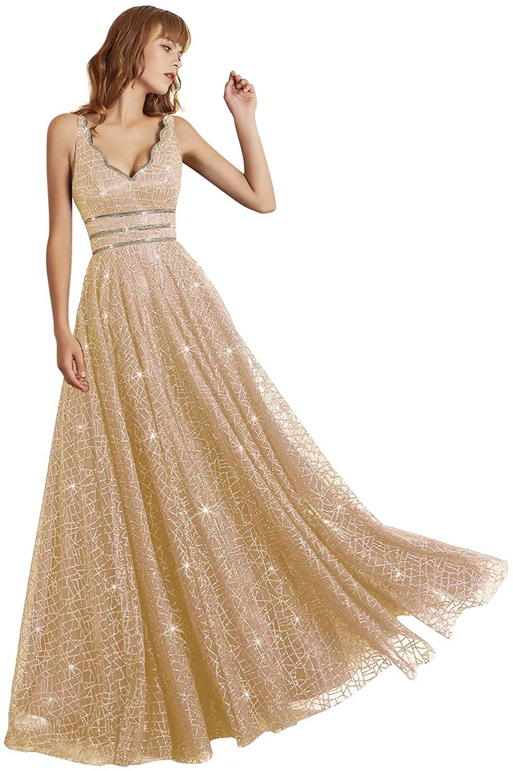 Price:$99.00 AiniDress Women V-neck Tulle Prom Dresses Crystal Evening Formal Ball Gown at Amazon Women’s Clothing store
