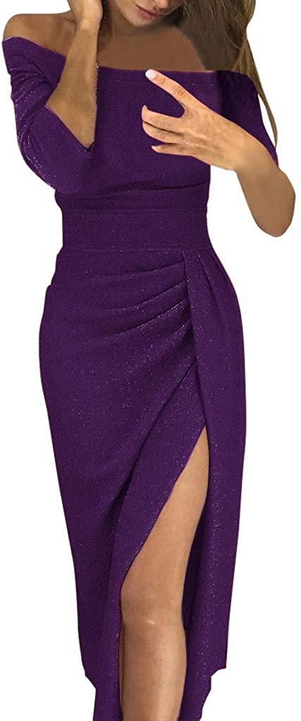 Price:$6.99    Women Off Shoulder Bodycon Dress, Lkoezi-Lady Sexy High Slit Dress Long Sleeve Bag Hip Dresses Bright Crystal Evening Dress  Clothing