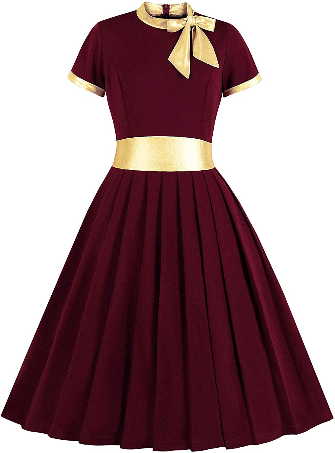 Price:$18.99    Wellwits Women's Dark Gold Patchwork Tie Neck 50s Formal Vintage Dress Wine 2XL  Clothing