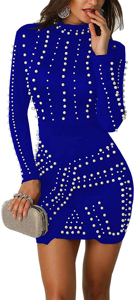 Price:$26.99 Speedle Pearls Dresses For Women Cocktail Long Sleeve Bodycon Mini Dress at Amazon Women’s Clothing store
