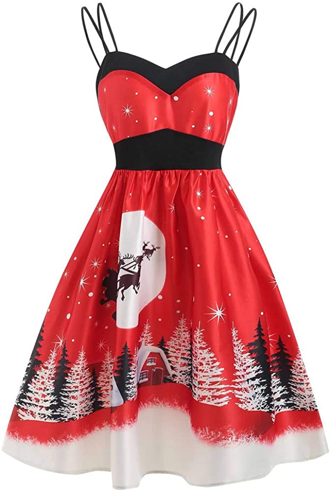Price:$7.99 Women Christmas Vintage Dress Franterd Sexy Xmas Print Cocktail Formal Swing Dress - Merry Christmas at Amazon Women’s Clothing store