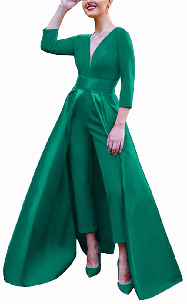 Price:$29.99 VeraQueen Women's V Neck 3/4 Long Sleeves Satin Jumpsuits with Detachable Skirt at Amazon Women’s Clothing store