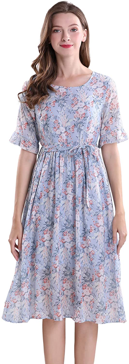 Price:$26.90    Shineflow Women's Vintage Floral Printed Lotus Sleeves Elastic Waist Pleated Swing Cocktail Party Midi Dress (Sky Blue, L)  Clothing