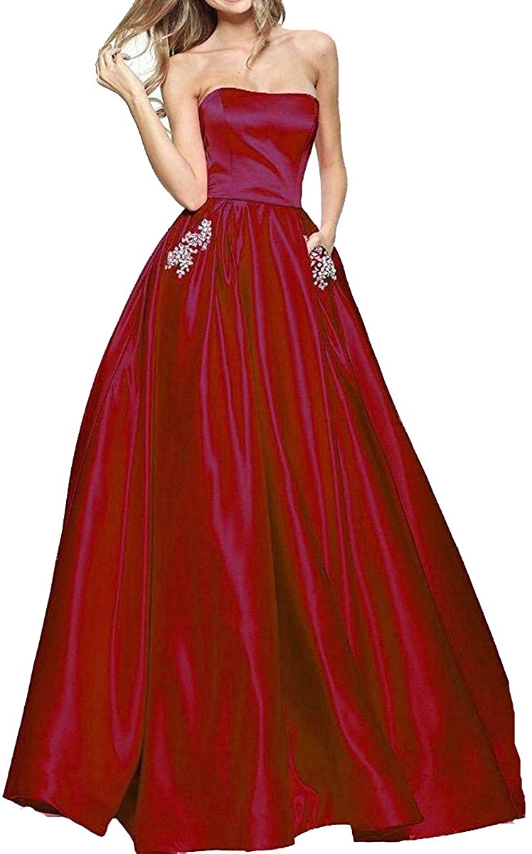 Price:$69.90    TTYbridal Women's A-Line Strapless Beaded Prom Dresses Long Satin Homecoming Party Gown with Pockets 8 Burgundy  Clothing