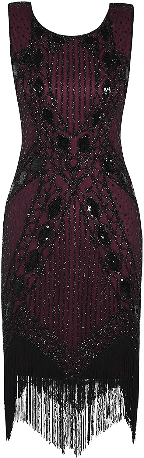 Price:$36.99    PrettyGuide Women's 1920s Dress Geometry Deco Sequin Fringed Flapper Dress L Burgundy  Clothing