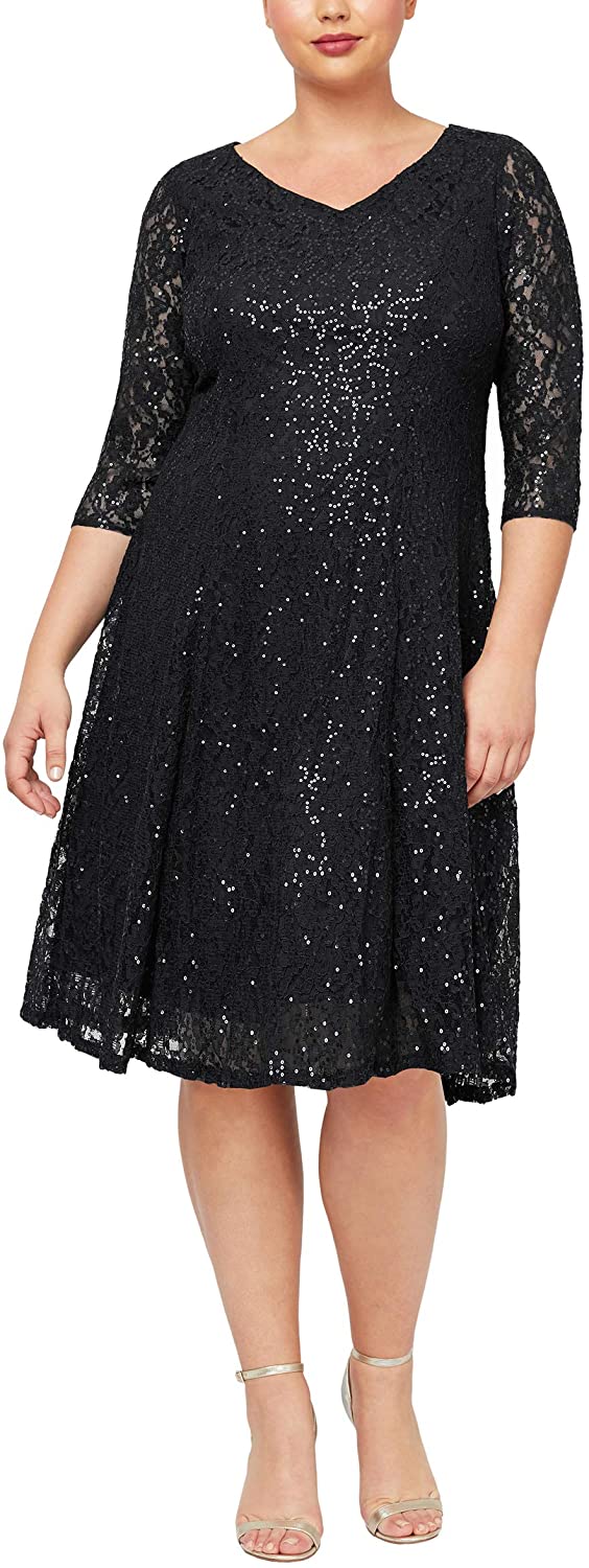 Price:$22.39 S.L. Fashions Women's Plus Size Sequin Lace Fit and Flare Dress at Amazon Women’s Clothing store