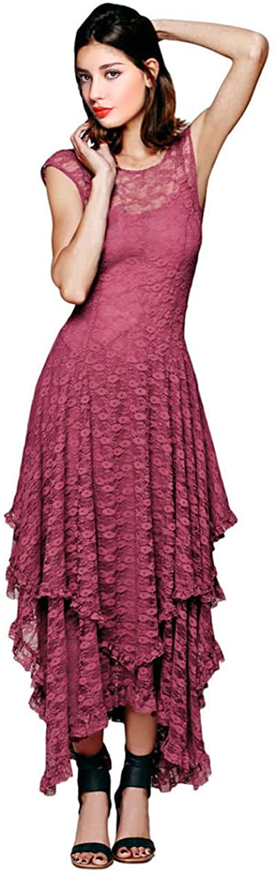 Price:$26.99 CA Mode Women's Sleeveless Floral Lace Tiered Long Irregular Party Dress at Amazon Women’s Clothing store
