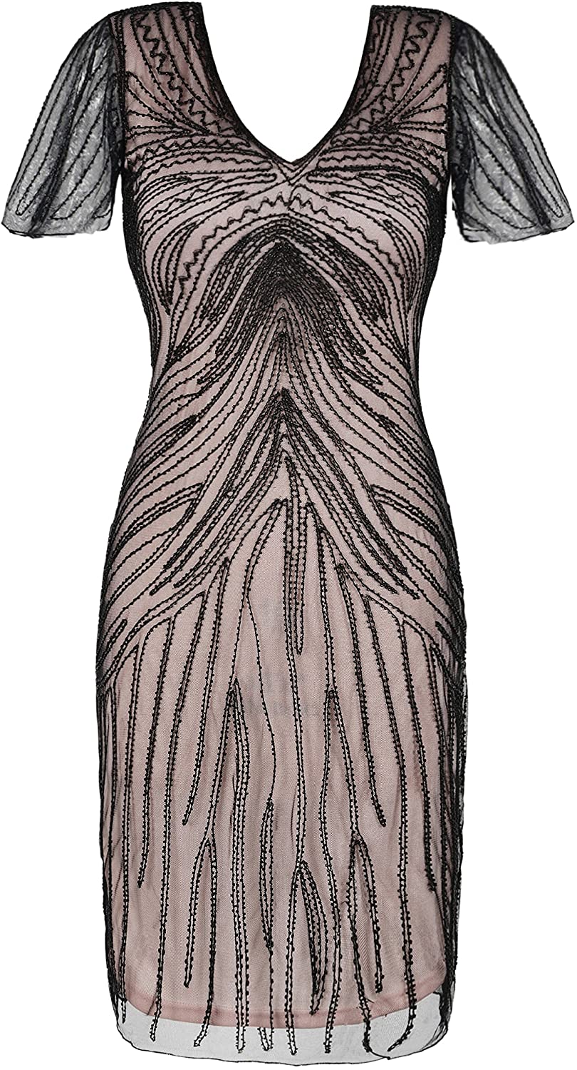 Price:$19.99 kayamiya Women's Gatsby Dress Retro 1920s Inspired Beaded Art Deco Flapper Dress S Black Beige at Amazon Women’s Clothing store