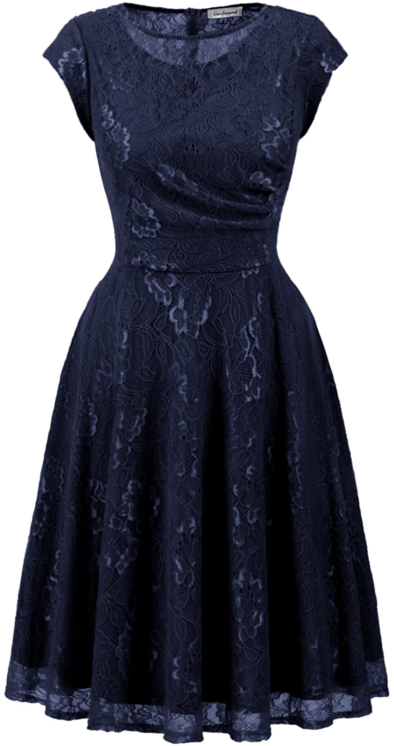 Price:$9.99    Gardenwed Women's Floral Lace Short Bridesmaid Ruched Vintage Cocktail Party Dress  Clothing