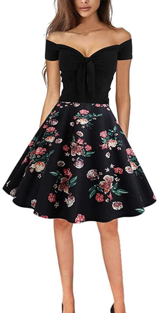 Price:$9.48    Women Retro 1950s Cocktail Dresses, Off The Shoulder Vintage Swing Dress Short Sleeve Dress with Bow Decoration  Clothing