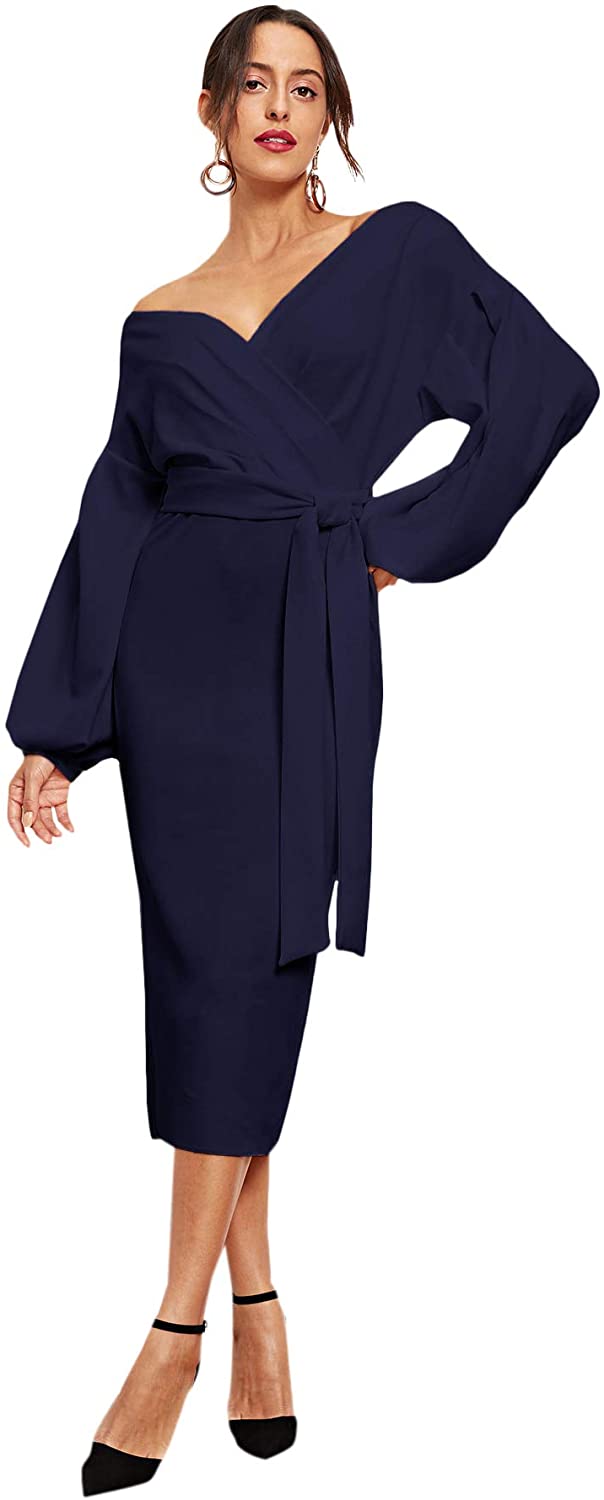 Price:$15.99 Romwe Women's Elegant Off Shoulder Wrap Belt Tie Front Lantern Sleeve Party Midi Dress at Amazon Women’s Clothing store