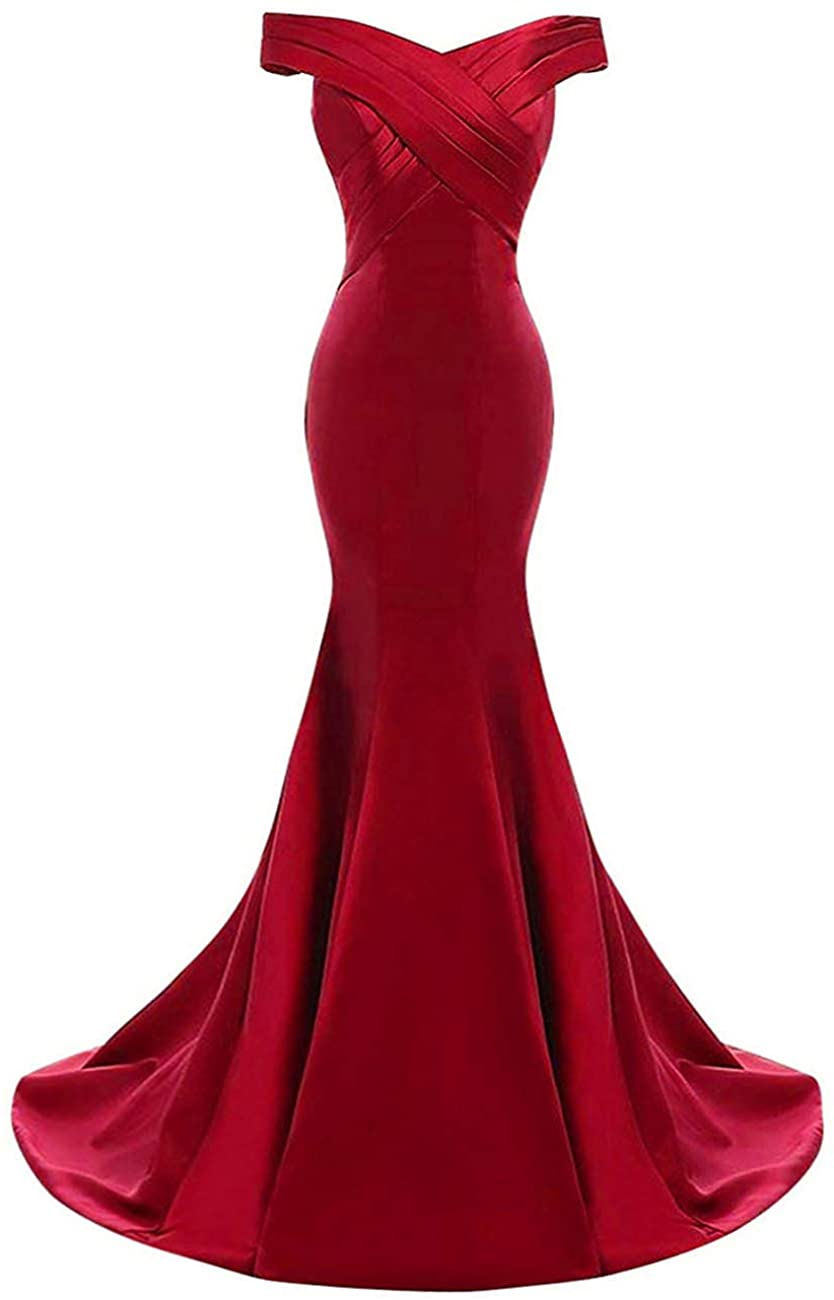 Price:$84.99    yinyyinhs Off Shoulder Mermaid Prom Dresses Long Ruched Satin Formal Evening Gown  Clothing