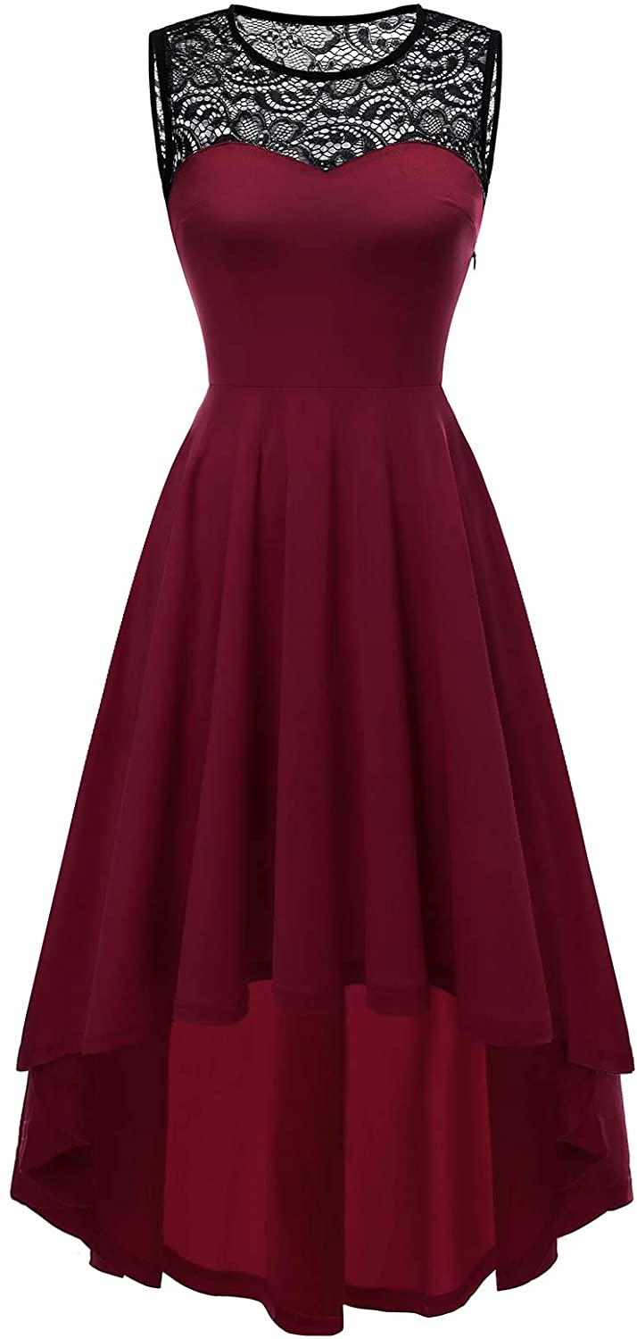 Price:$26.99    Yoyaker Women's Vintage Lace Sleeveless Hi-Lo Cocktail Party Pleated Swing Dress Bridesmaid Prom Dress Burgundy XL  Clothing