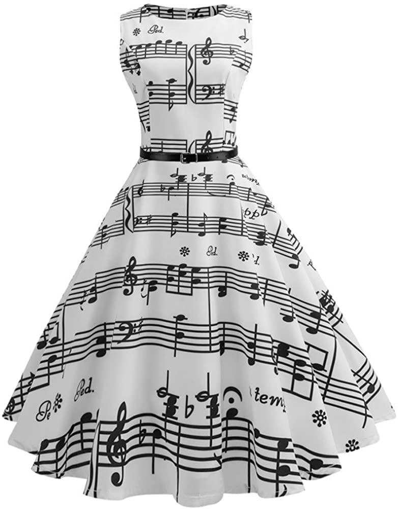 Price:$7.99 HGWXX7 Women Print Sleeveless Evening Party Prom Swing Hepburn Dress with Belt at Amazon Women’s Clothing store