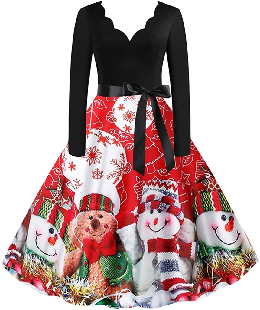 Price:$9.99 RINKOUa Women's Christmas V-Neck Long Sleeve Knee-Length Plus Size Dress at Amazon Women’s Clothing store