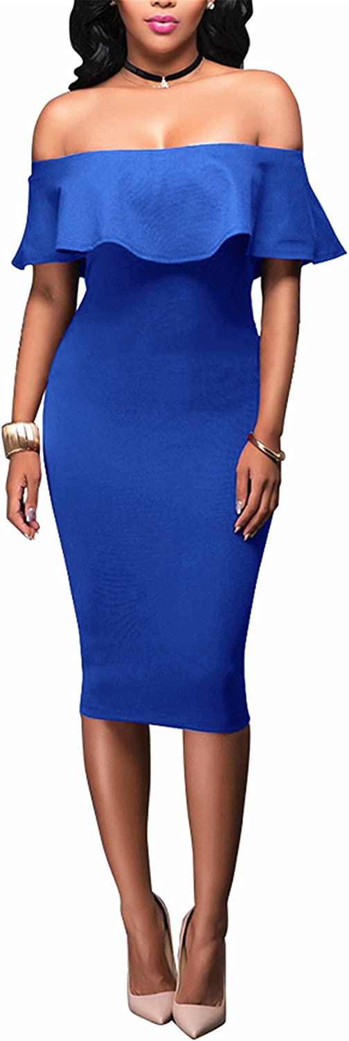 Price:$13.99    Uhnice Women Off Shoulder Ruffle Bodycon Slim Fit Club Cocktail Party Midi Dress  Clothing