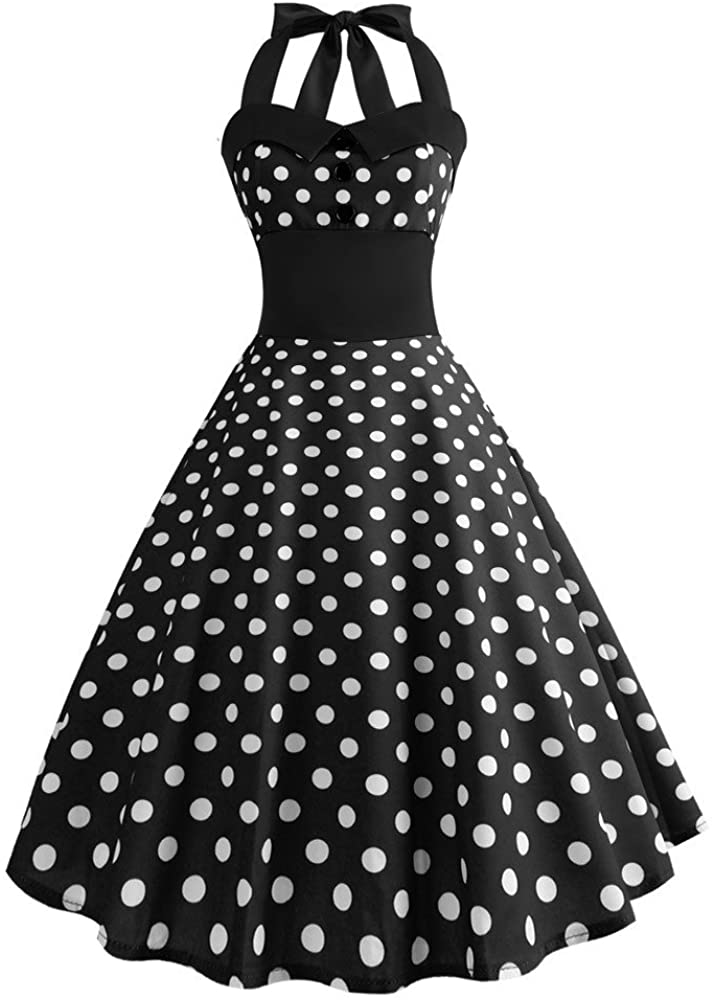 Price:$2.17 Women Summer Dreses Elegant Print Sleeveless Halter Vintage Tea Dress with Belt Evening Party Ball Gown Sundress at Amazon Women’s Clothing store