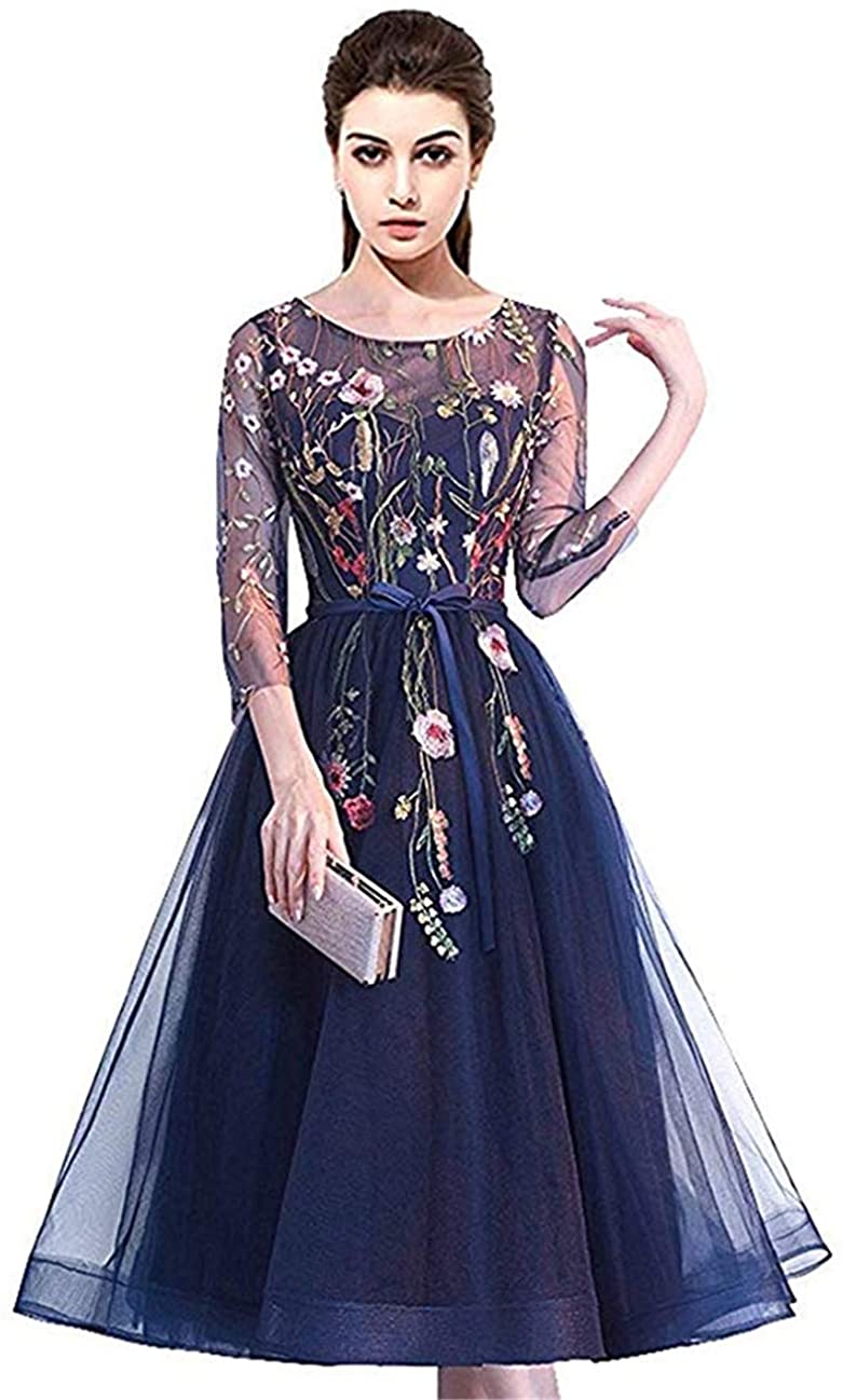 Price:$69.99    Dobelove 3D Floral Embroidered Homecoming Dress Tea-Length Prom Dress Backless Formal Evening Party Gown  Clothing