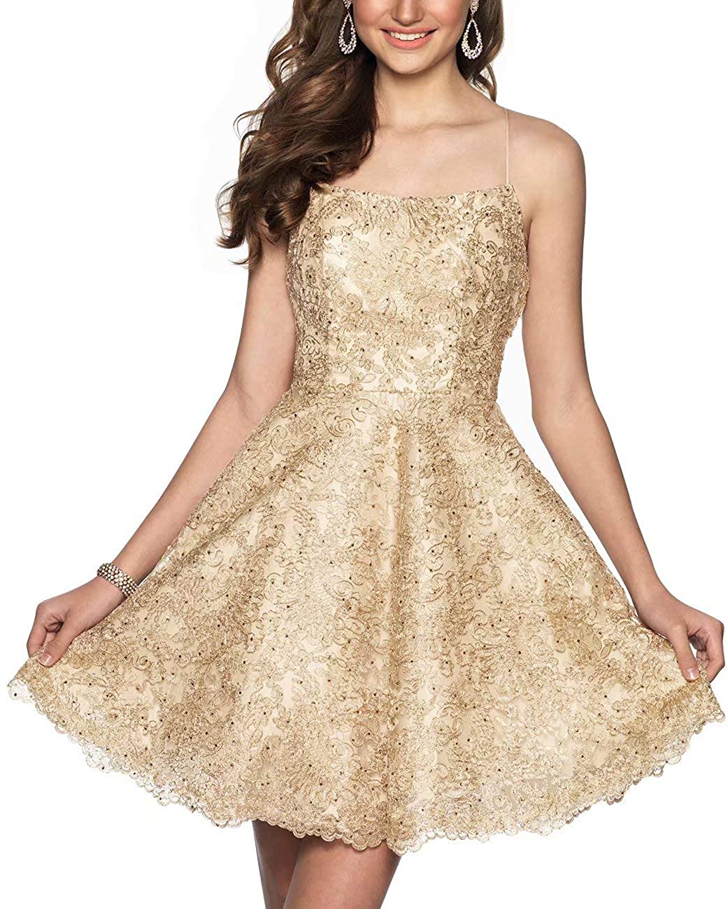 Price:$85.99    Women's Lace Beaded Homecoming Dresses Short Straps Knee Length Prom Gowns  Clothing