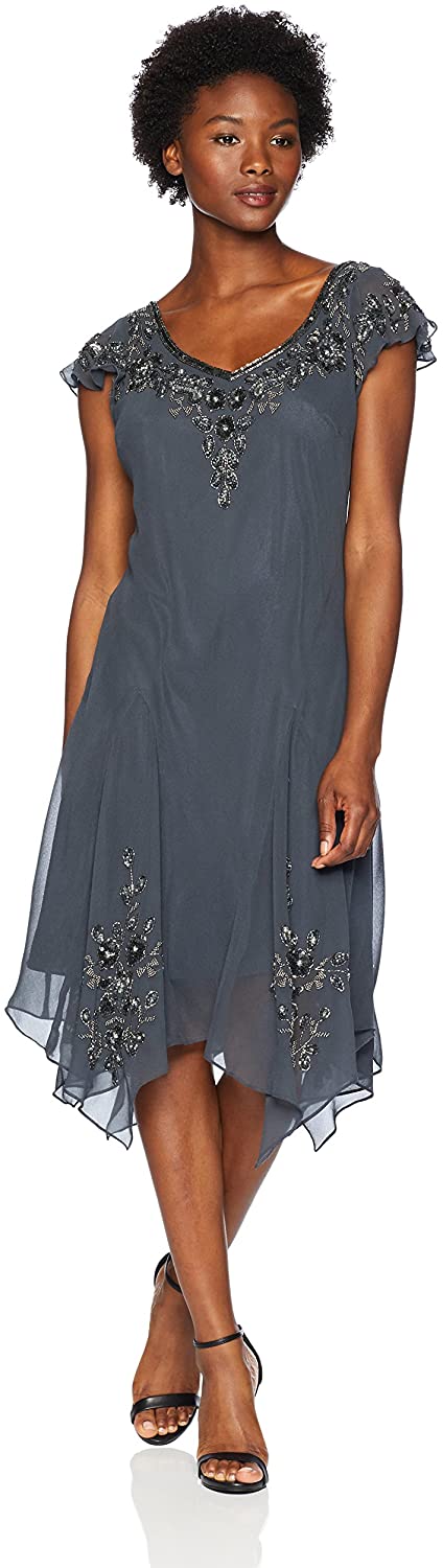Price:$158.00 J Kara Women's Petite Flutter Sleeve Hanky Hem Short Cocktail Beaded Dress at Amazon Women’s Clothing store