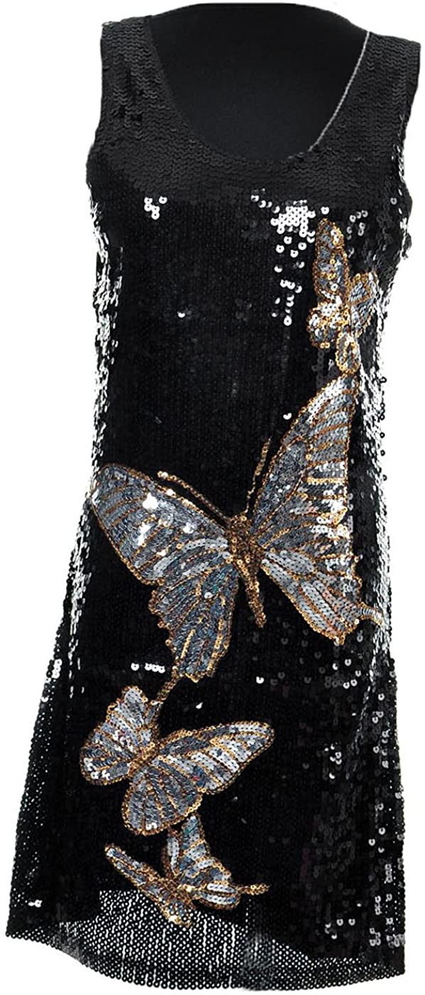 Price:$12.99    Anna-K Womens Black Sequin Gold Silver Butterfly Scoop Neck Sleeveless Dress  Clothing