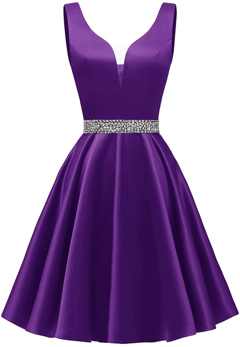 Price:$74.99    Yexinbridal Short Satin Prom Dress V-Neck Glitter Homecoming Party Evening Gowns Purple 16  Clothing