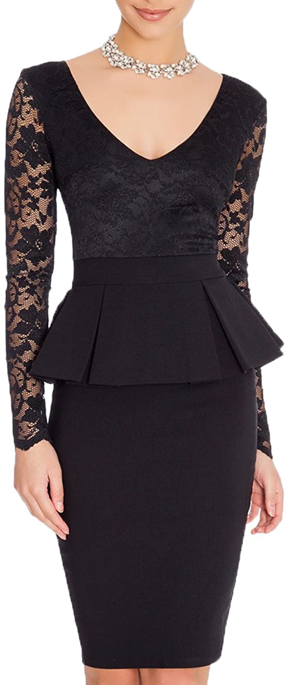 Price:$9.98    WOOSEA Women's V Neck Long Lace Sleeves Peplum Midi Cocktail Party Dress  Clothing