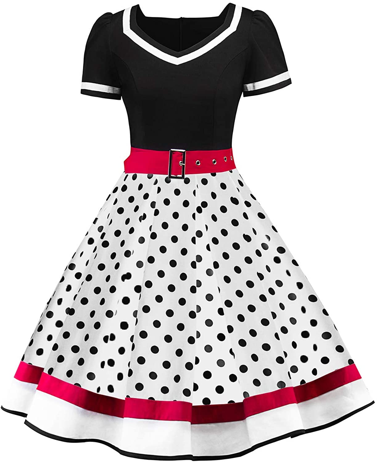 Price:$31.99    MisShow Women's Short Sleeve Vintage Polka dot Cocktail Swing Party Dress with Belt  Clothing