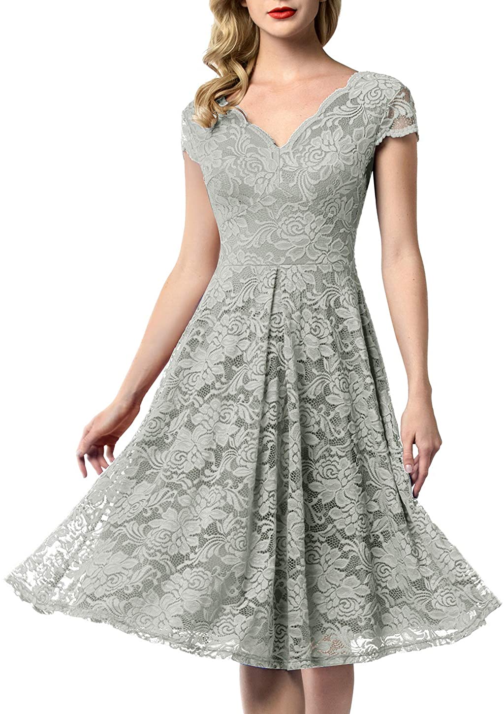 Price:$37.99    AONOUR 0052 Women's Vintage Floral Lace Bridesmaid Dress Wedding Party Midi Dress Cap Grey XS  Clothing