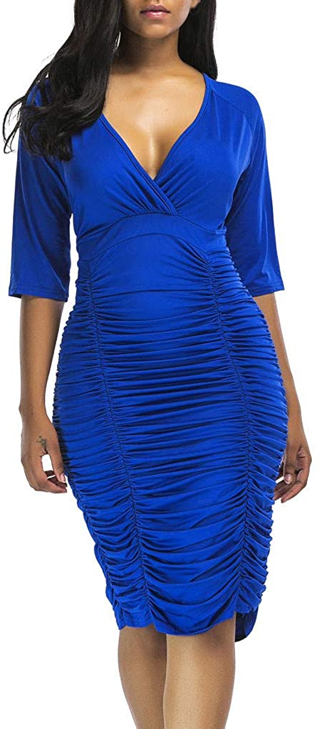 Price:$18.48 Alough Women's Plus Size Deep V Neck Wrap Ruched Waisted Bodycon Dress at Amazon Women’s Clothing store