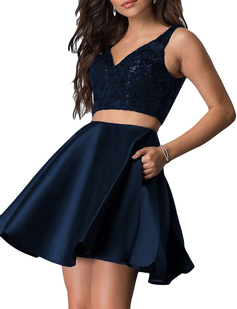 Price:$55.00    HofnDolce Women's V-Neck Two Piece Homecoming Dresses Sequin Short with Pockets Prom Gowns Navyblue 2  Clothing