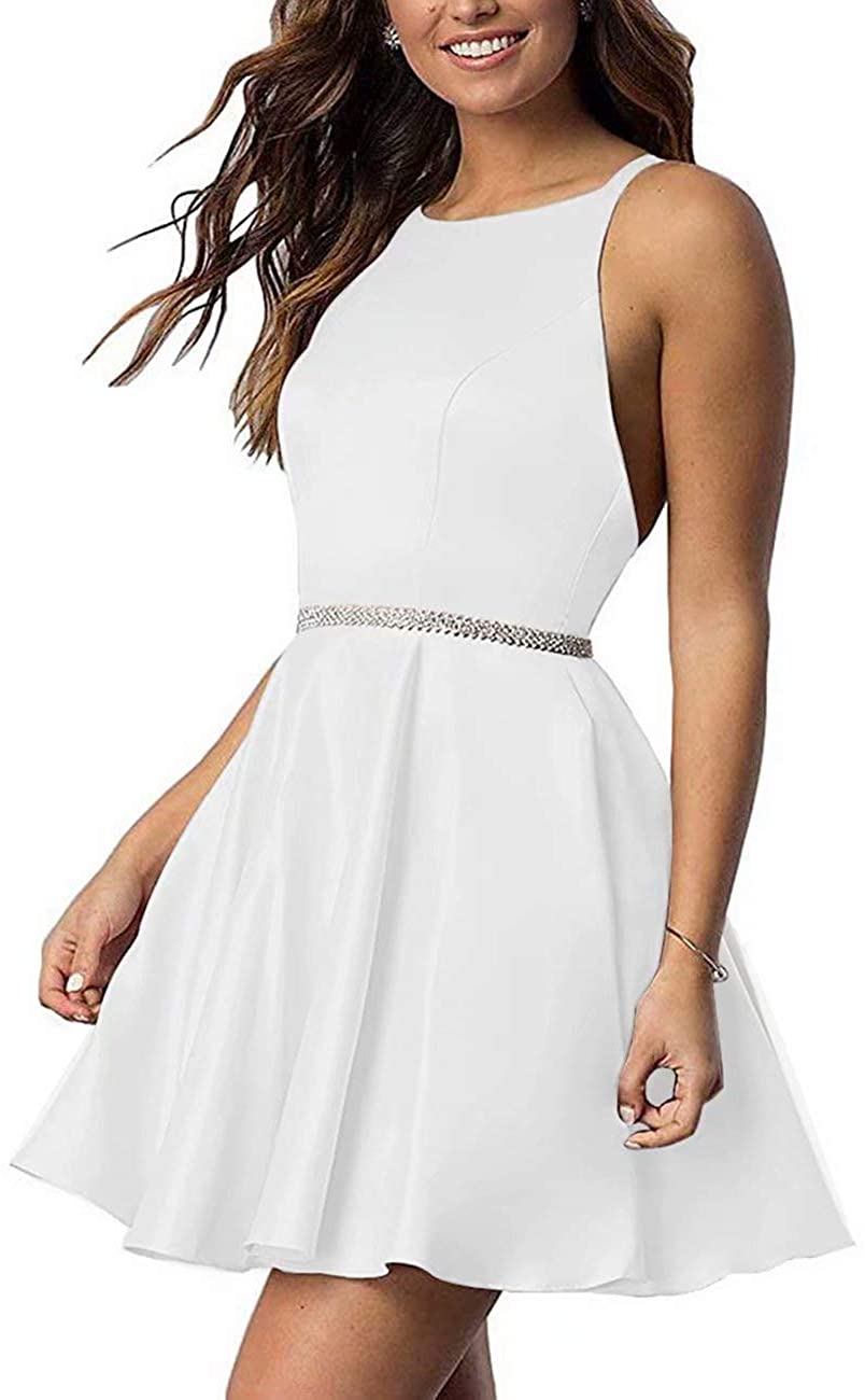 Price:$77.00    Satin Halter Short Homecoming Dresses with Pockets Beaded Cross-Back Prom Formal Gown  Clothing