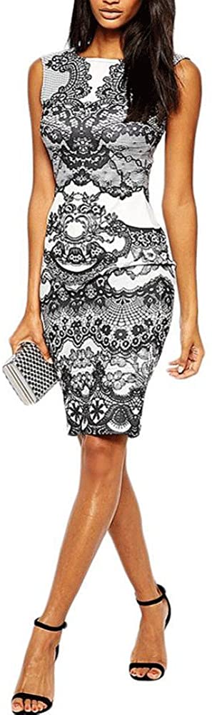 Price:$3.77 Misaky Flower Vintage Print Elegant Silm Pencil Sleeveless Dress at Amazon Women’s Clothing store