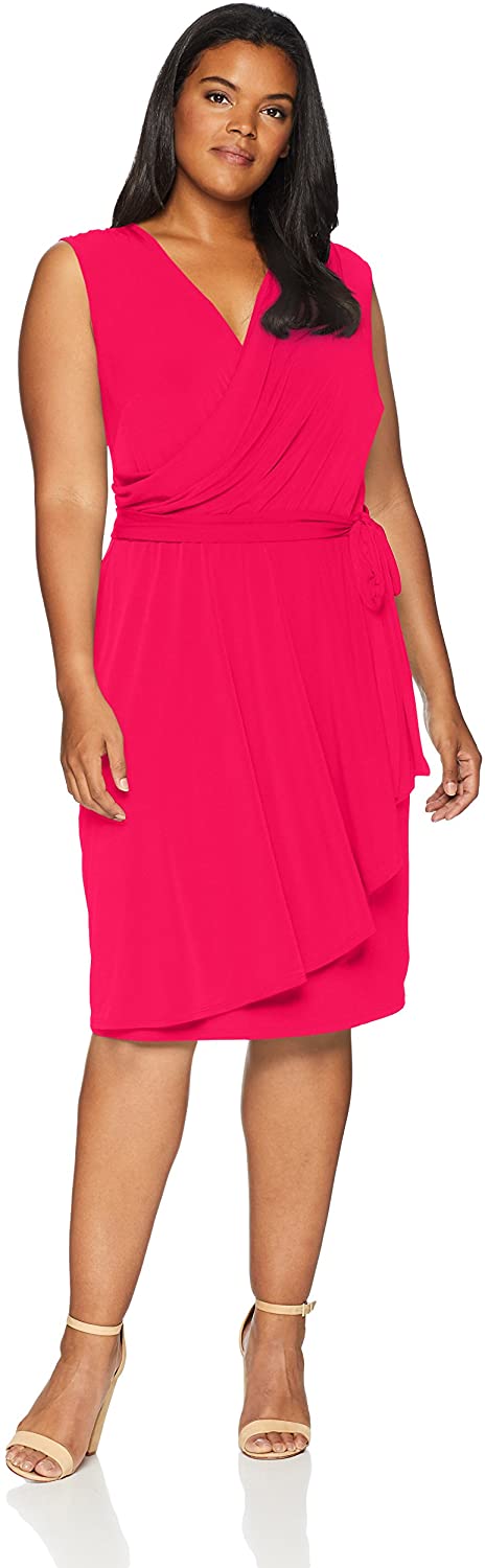 Price:$63.76 London Times Women's Plus Size Sleeveless Asymetrical Cascade Faux Wrap Dress at Amazon Women’s Clothing store