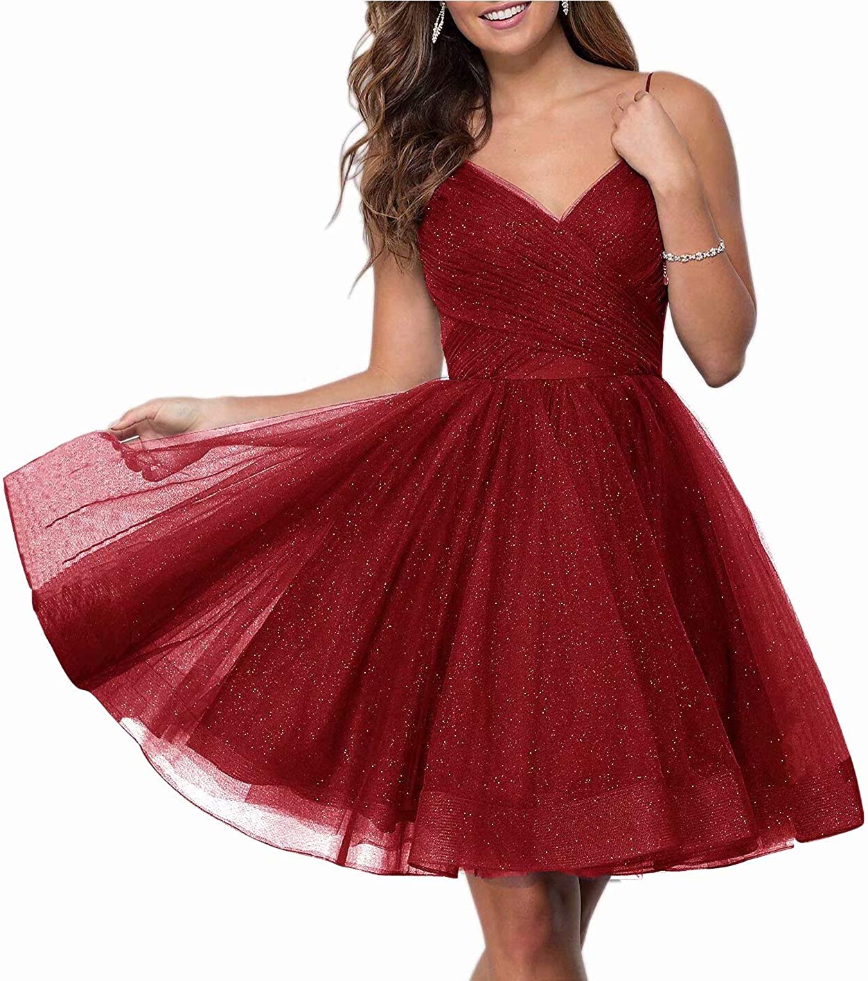 Price:$159.90    V Neck Homecoming Dresses Short A-line 2020 Straps Junior Glitter Tulle Prom Ball Gowns  Clothing