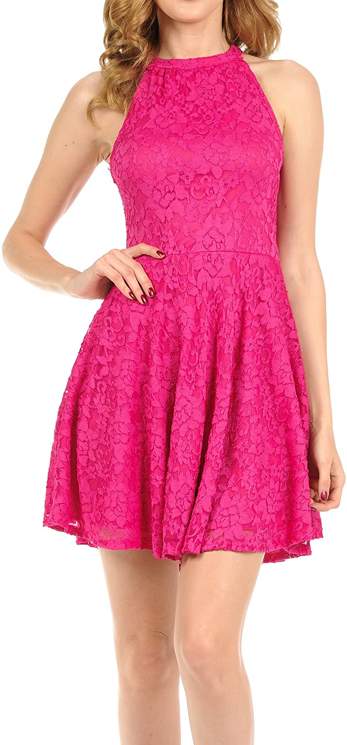 Price:$27.99    Auliné Collection Womens Halter Sleeveless Floral Lace Skater Dress Fuchsia Large  Clothing