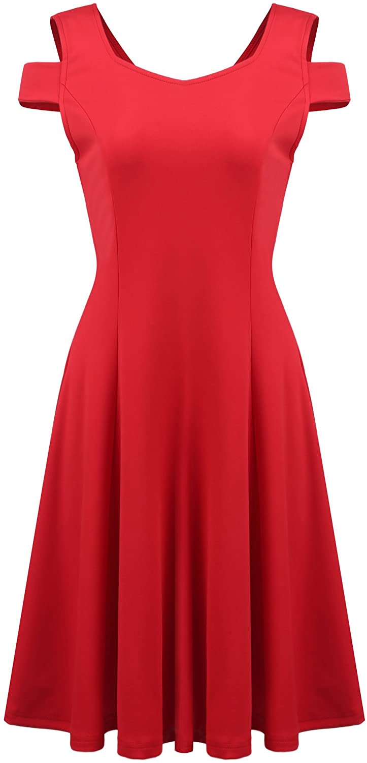 Price:$8.90 Showyoo Women's Cold Shoulder Fit and Flare Cocktail Party Skater Dress at Amazon Women’s Clothing store