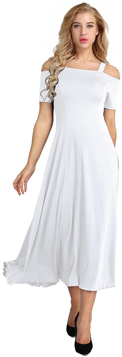 Price:$10.99 Freebily Women Cold Shoulder Short Sleeve Cocktail Party A-line Long Standard Dress at Amazon Women’s Clothing store