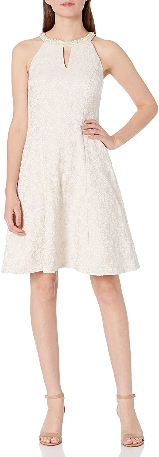 Price:$81.12    London Times Women's Petite Flower Jacquard Fit and Flare Halter with Beaded Neck  Clothing