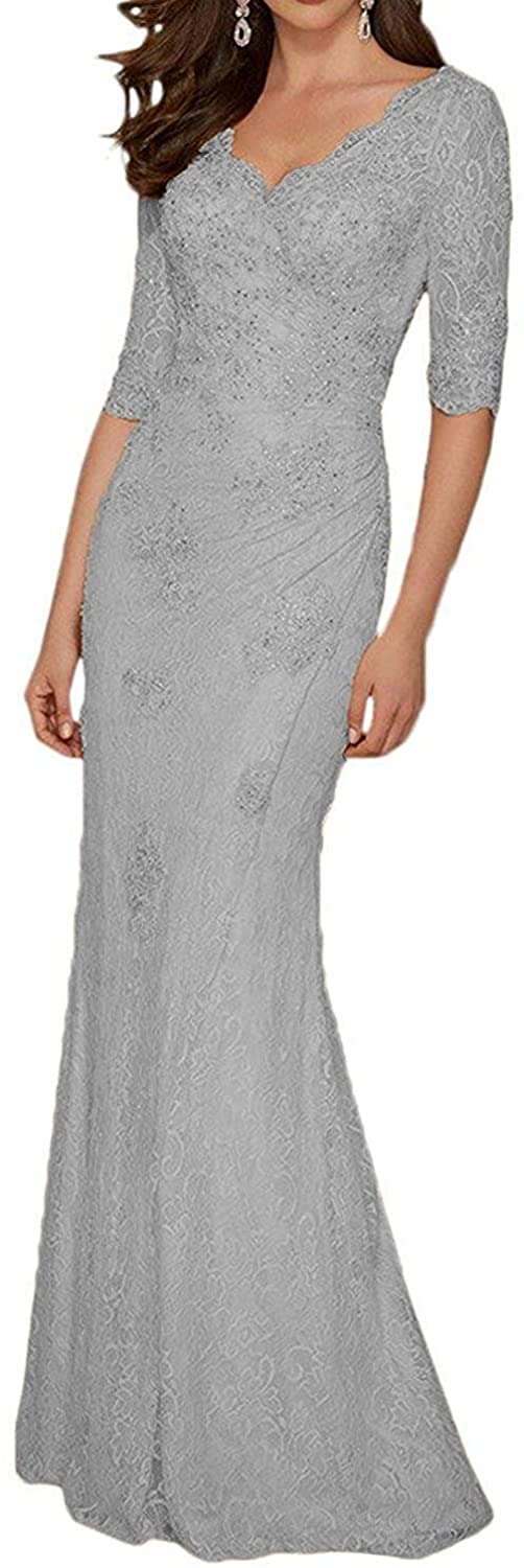 Price:$89.99 PearlBridal Women's V Neck Lace Mermaid Mother of The Bride Dresses Half Sleeves Long Evening Gowns at Amazon Women’s Clothing store