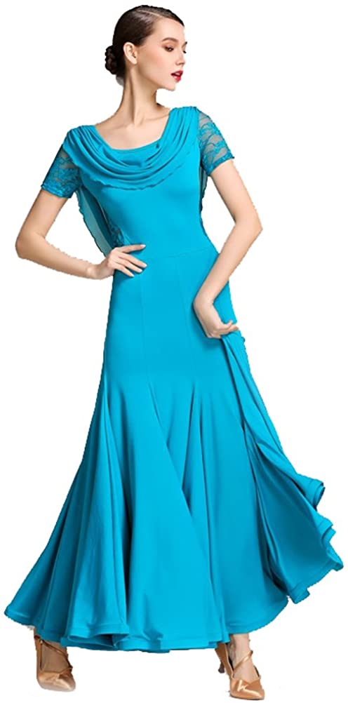 Price:$76.53 Women Special Neck Design Gauze Joint Lace Short Sleeves Long Hemline Ballroom Waltz Dresses for Foxtrot Flamenco Dance at Amazon Women’s Clothing store