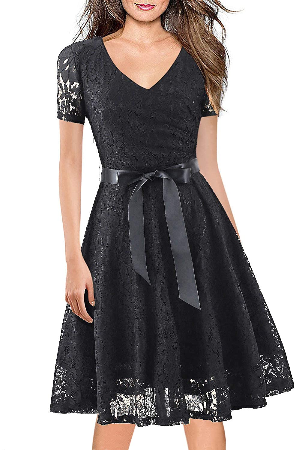 Price:$24.99    Women's Vintage 1950s Floral Lace Short Sleeve Cocktail Party Swing Dress Formal Bridesmaid Dresses  Clothing