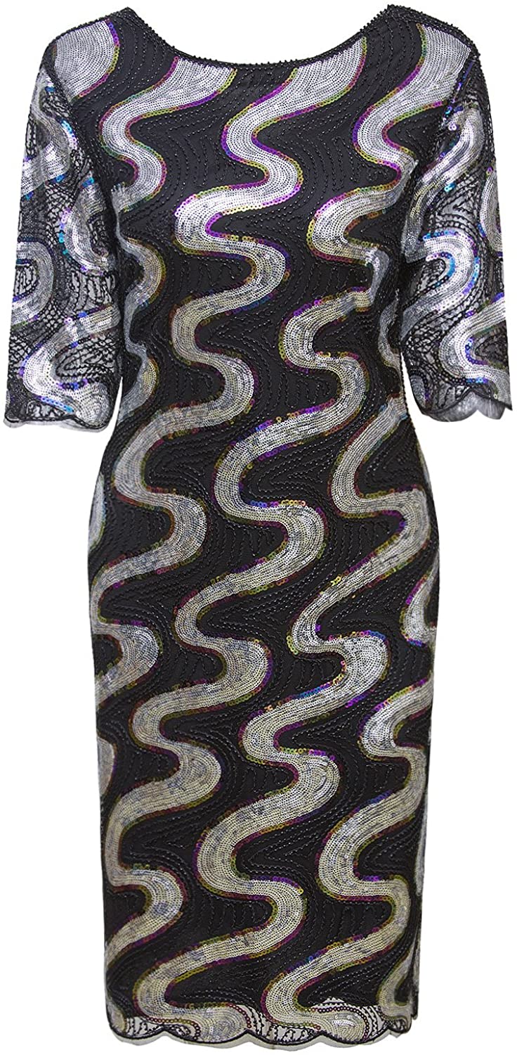 Price:$21.62    VIJIV 1920s Vintage Beaded Embellished Gatsby Flapper Party Cocktail Dress with 3/4 Sleeves  Clothing