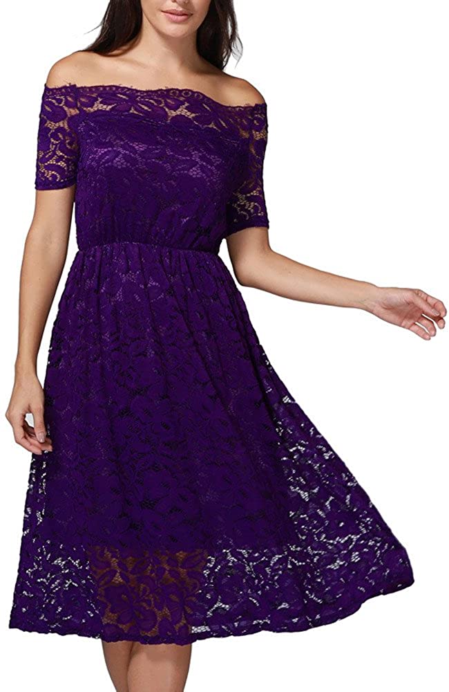 Price:$13.41    SADUORHAPPY Women's Vintage Floral Lace Long Sleeve Boat Neck Cocktail Party Swing Dress  Clothing