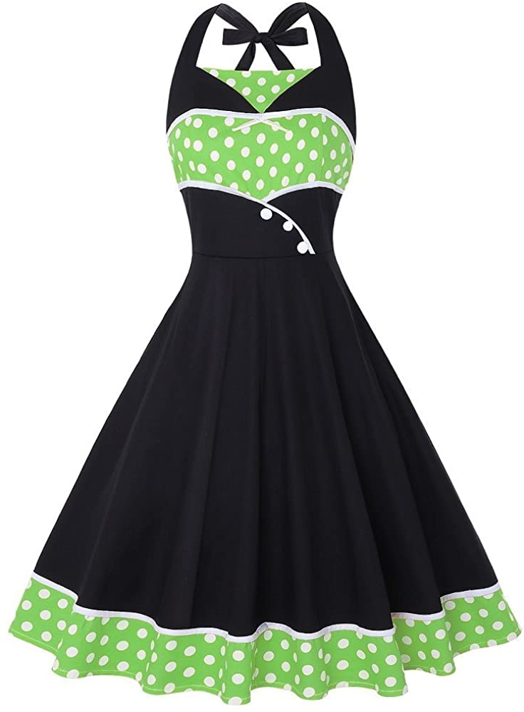 Price:$15.99 Vintage Halter Polka Dots Homecoming Dress 1950s Swing Cocktail Party Dresses at Amazon Women’s Clothing store