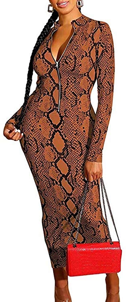 Price:$20.58 Xuan2Xuan3 Women's Dresses Fall Long Sleeve Snake Printed Zipper Neck Knit Bodycon Evening Party Long Dress at Amazon Women’s Clothing store