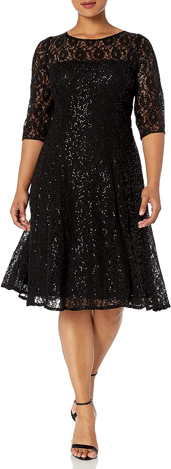 Price:$99.15 S.L. Fashions Women's Plus Size Lace and Sequin Fit and Flare Dress at Amazon Women’s Clothing store