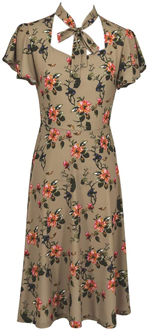 Price:$28.99 Ez-sofei Women's Vintage 1940s Square Bowtie Neck Floral Cocktail Swing Dress at Amazon Women’s Clothing store