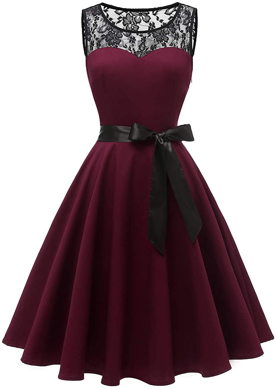 Price:$25.99    Kingfancy 50s Homecoming Dress, 1950 Cocktail Lace Vintage Dresses Crew Neck Prom Midi Dresses  Clothing