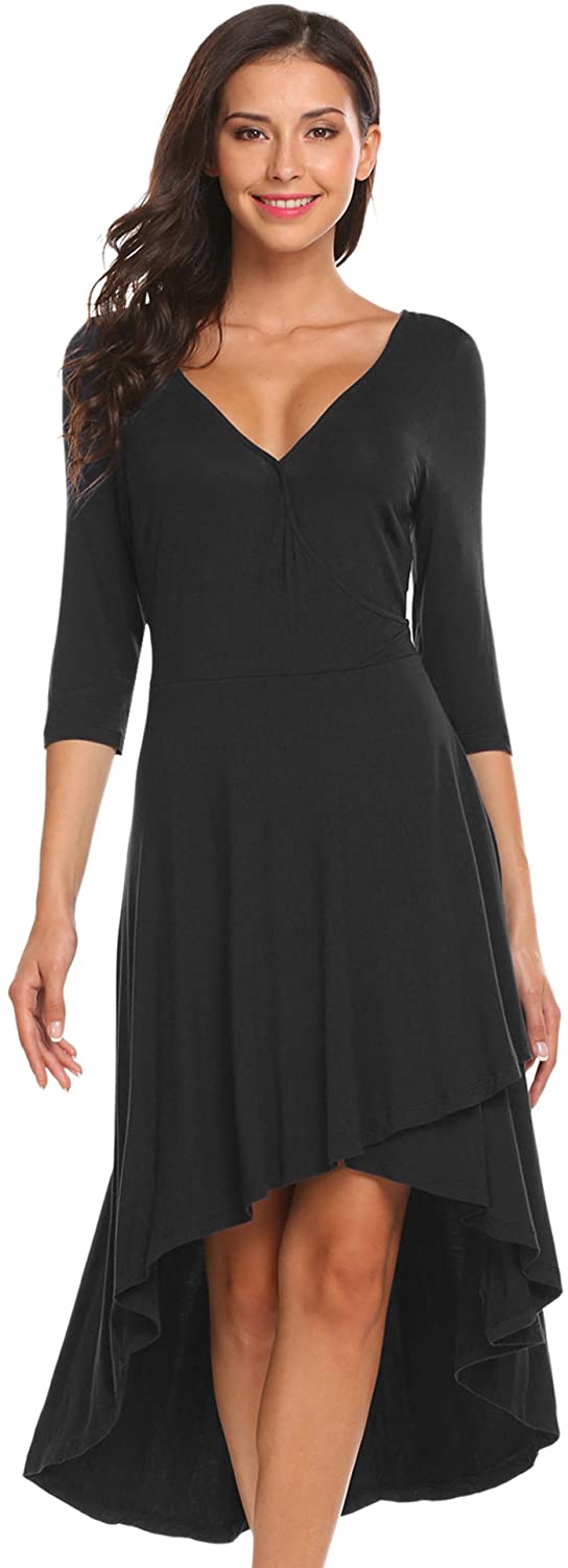 Price:$19.79    Zeagoo Women's V-Neck Short Sleeve Ruffle Crossover Wrap A-Line Swing Midi Cocktail Party Dress with Belt  Clothing